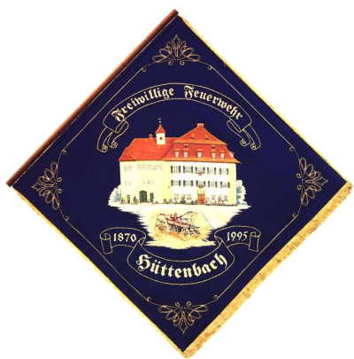 Vereinsfahne der FF Hüttenbach, rote Seite: Großansicht des Hüttenbacher Barockschloss der Adelsfamilie Lochner